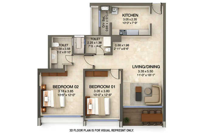 Kanakia Silicon Valley Powai - Floor plan 2 BHK 820 Sq.ft