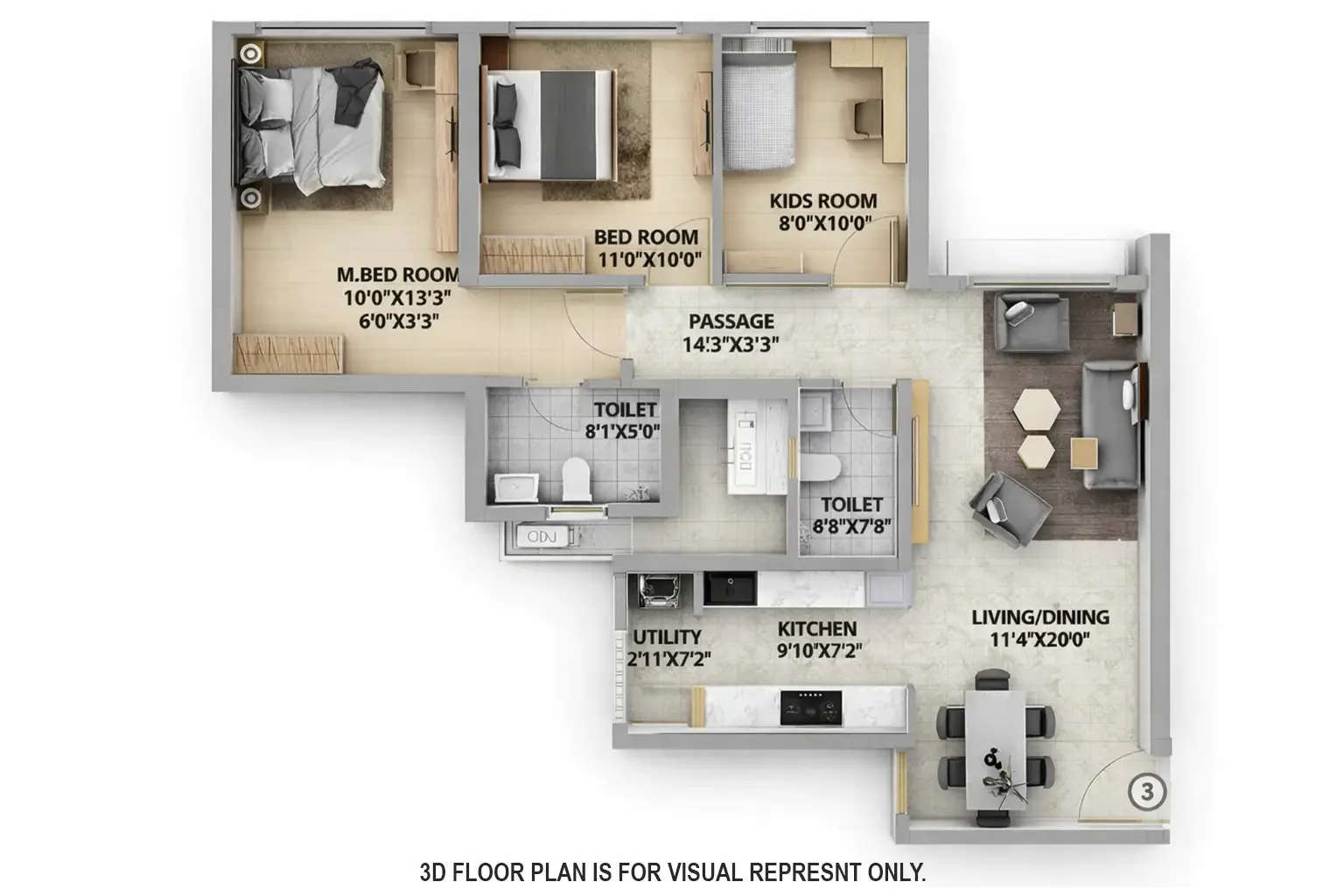 Floor plan for 3 BHK