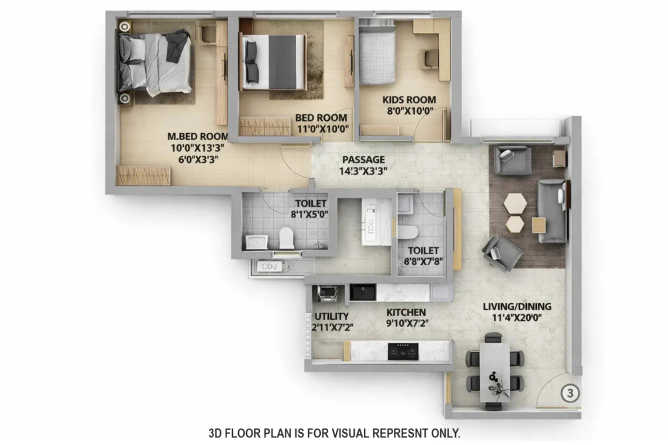 Runwal Sunflower Kanjurmarg - Floor plan 3 BHK 881 Sq.ft