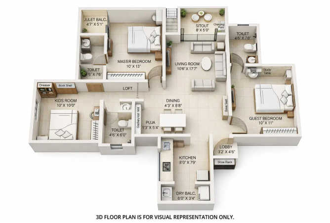 Krisala 41 Zillenia Pimpri Chinchwad - Floor plan 3 BHK 904 Sq.ft