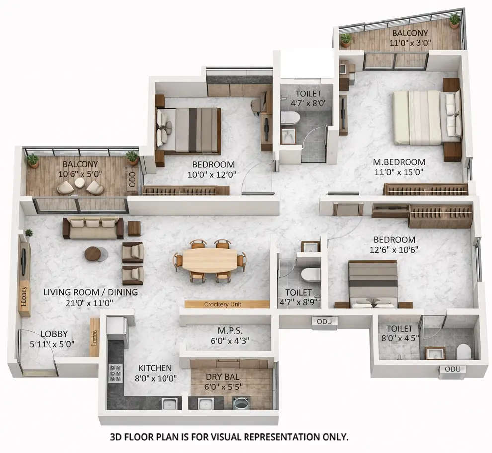 Floor plan for 3 BHK