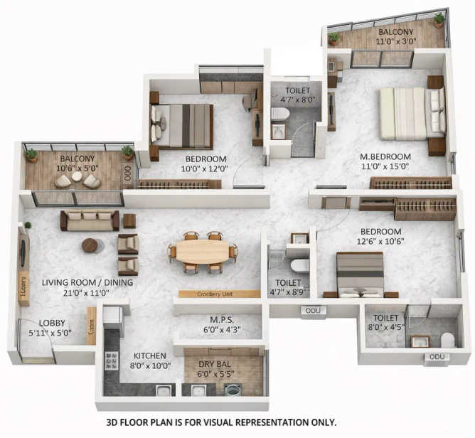 Krisala Aventis Tathawade - Floor plan 3 BHK 1116 Sq.ft