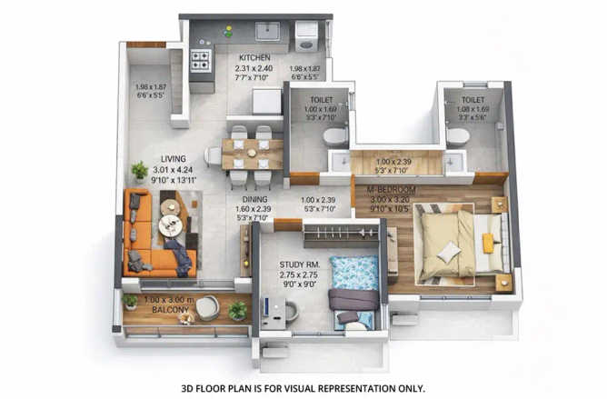 Dosti West County Balkum - Floor plan 2 BHK 628 Sq.ft