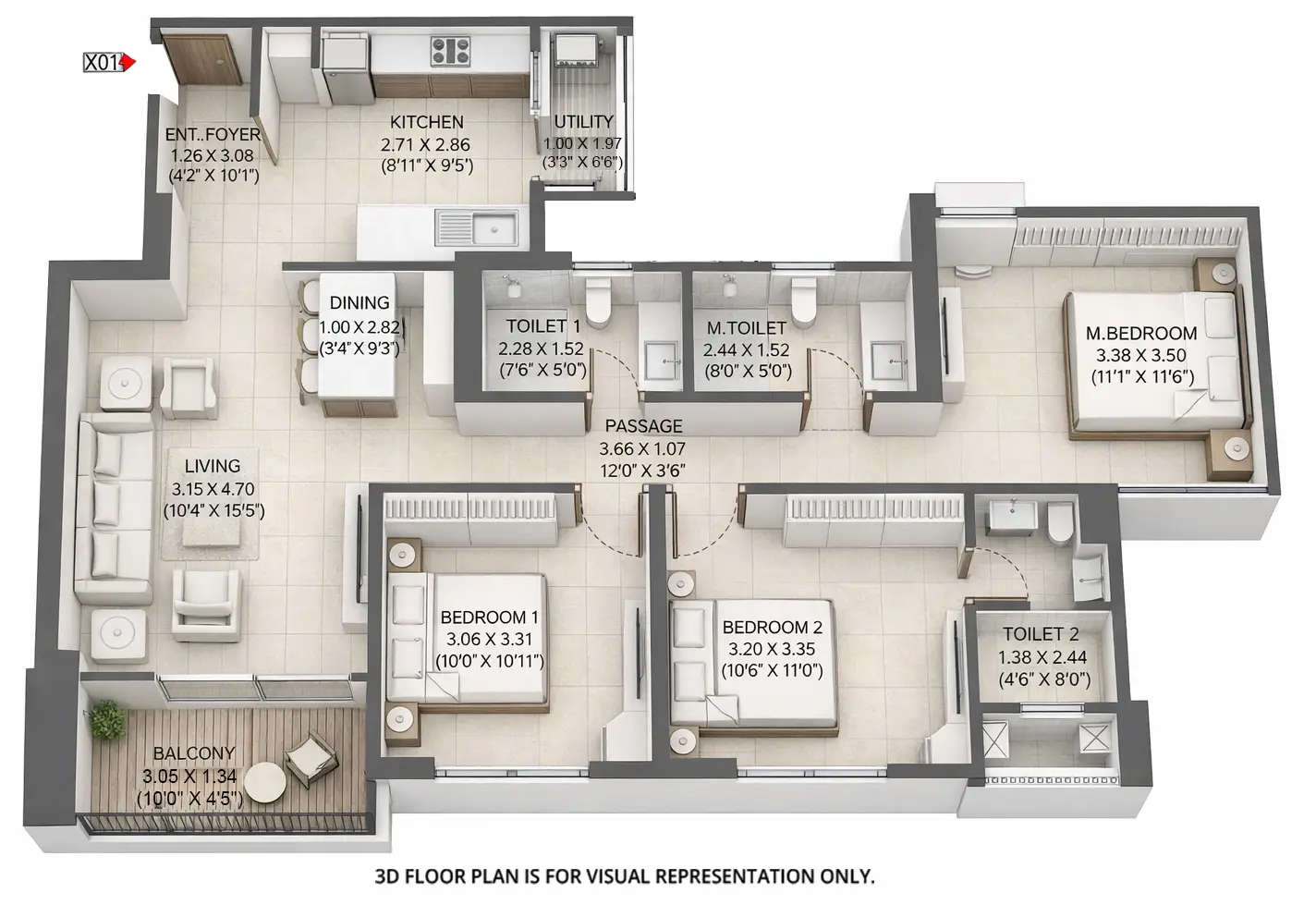 Floor plan for 3 BHK