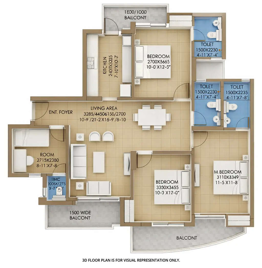 Floor plan for 3 BHK