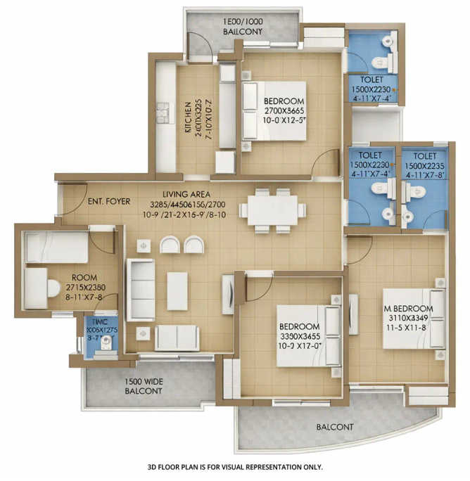 Ats Pious Hideaway Sector 150 - Floor plan 3 BHK 1020 Sq.ft