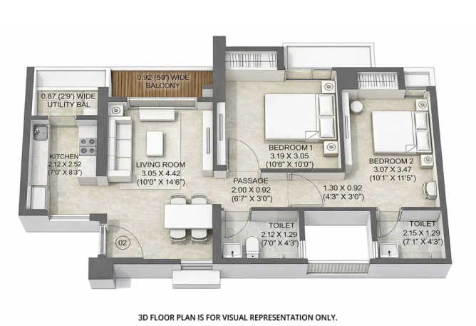 Kalpataru Eternia Kolshet Road - Floor plan 2 BHK 636 Sq.ft