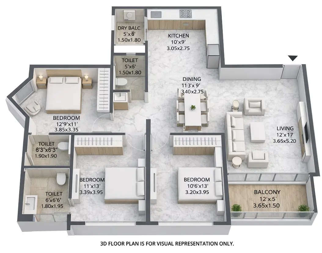 Floor plan for 3 BHK