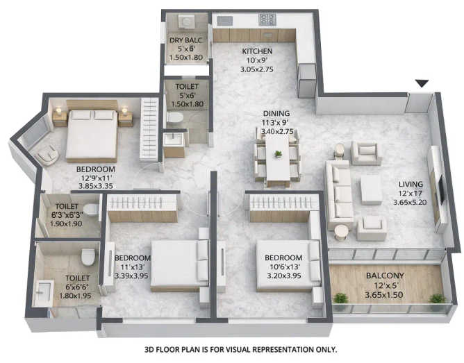 Mantra Melange Kharadi - Floor plan 3 BHK 1098 Sq.ft