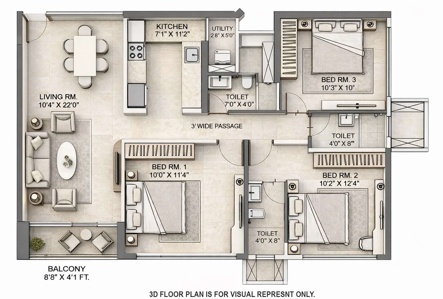 Floor plan for 3 BHK