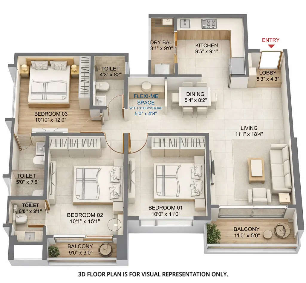 Floor plan for 3 BHK