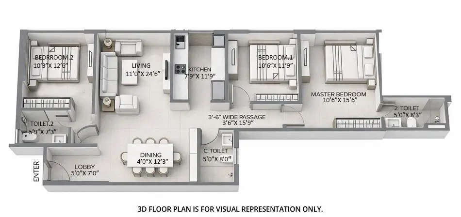 Floor plan for 3 BHK