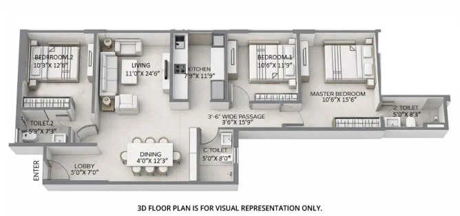 Sheth 72 West Andheri - Floor plan 3 BHK 1120 Sq.ft