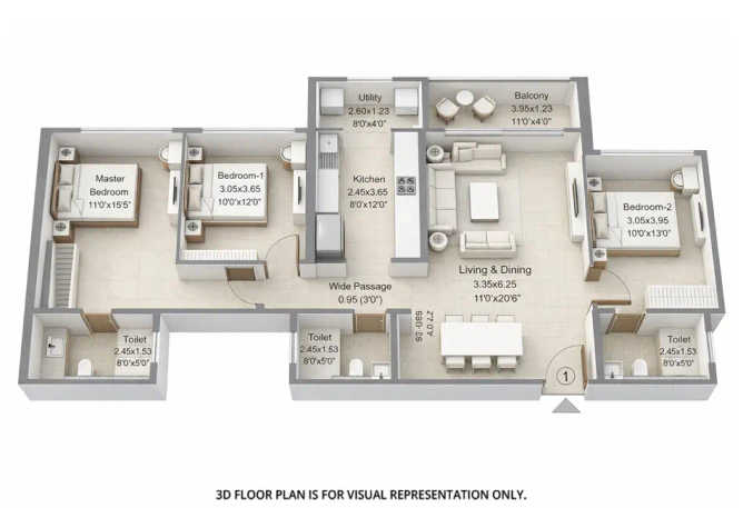 L & T Evara Heights Majiwada - Floor plan 3 BHK 1057 Sq.ft