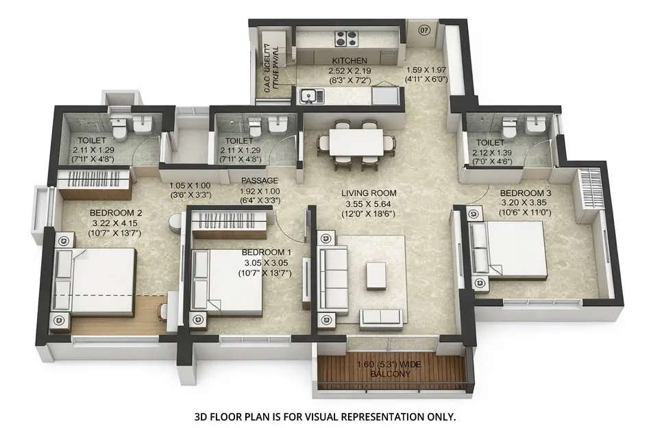 Floor plan for 3 BHK