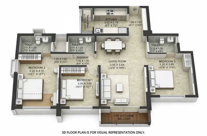 Kalpataru Park City Kolshet Road - Floor plan 3 BHK 1139 Sq.ft