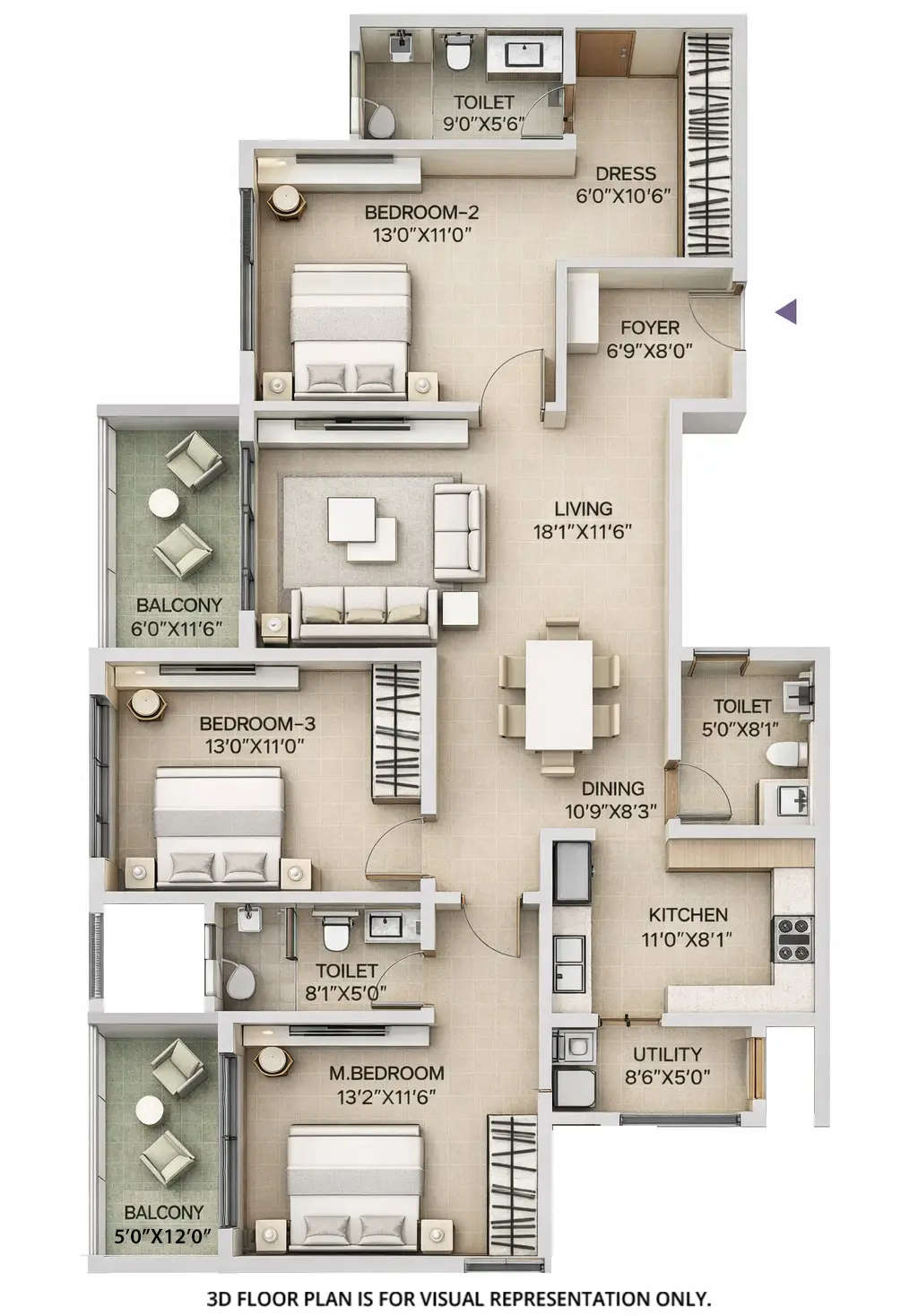Floor plan for 3 BHK