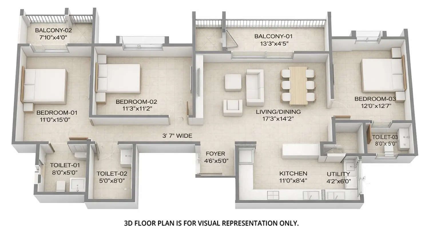 Floor plan for 3 BHK