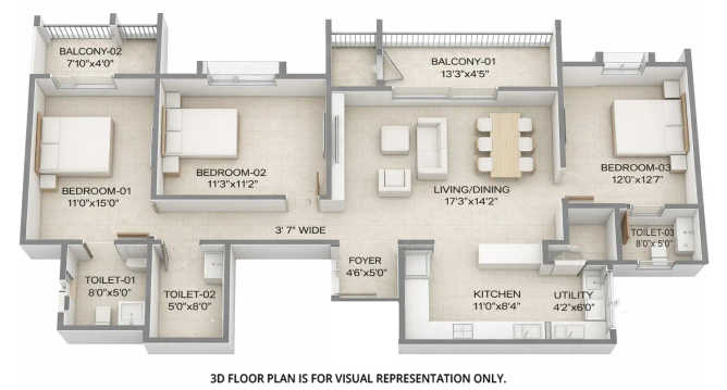 Birla Evara Sarjapura - Floor plan 3 BHK 1275 Sq.ft