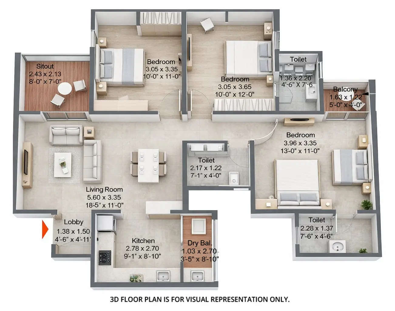 Floor plan for 3 BHK