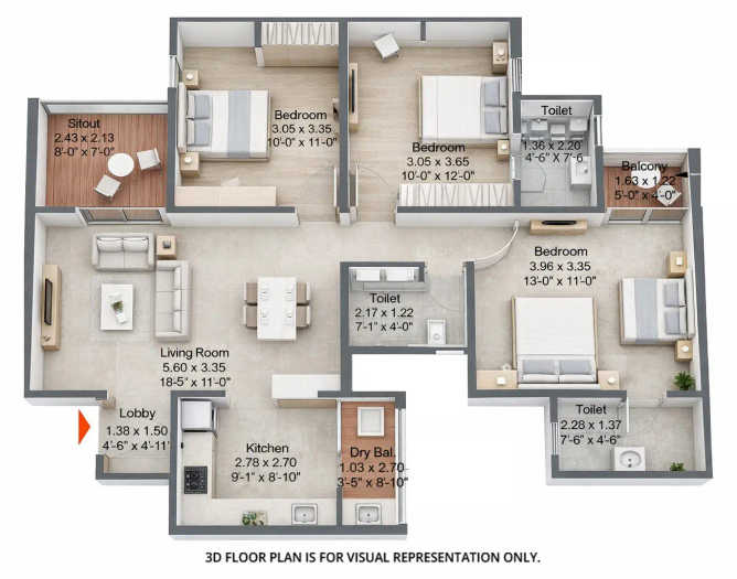 Kohinoor Punawale Pimpri Chinchwad - Floor plan 3 BHK 982 Sq.ft