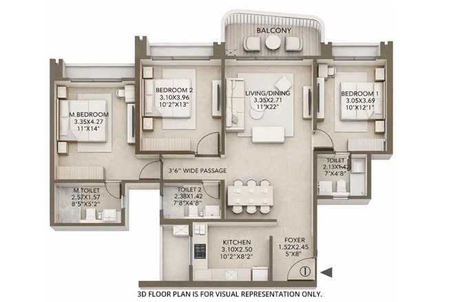 L & T Mahim Mahim - Floor plan 3 BHK 1041 Sq.ft