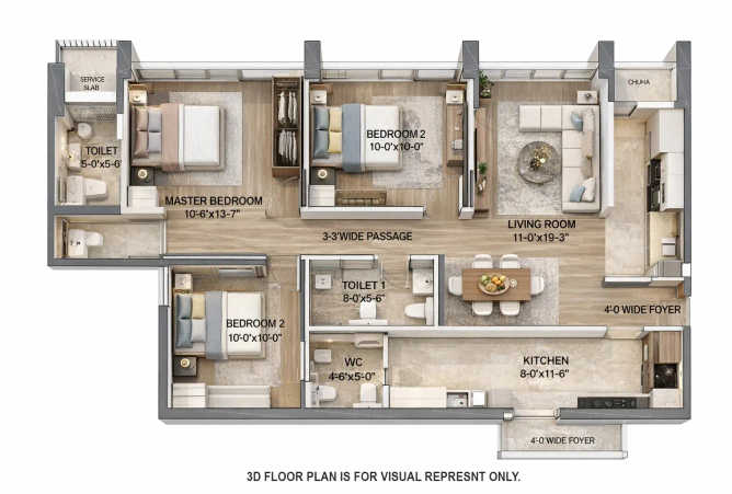 Oberoi Eternia Mulund - Floor plan 3 BHK 1049 Sq.ft