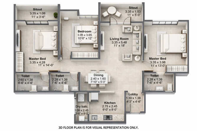 Kohinoor Famville Hinjewadi - Floor plan 3 BHK 1071 Sq.ft