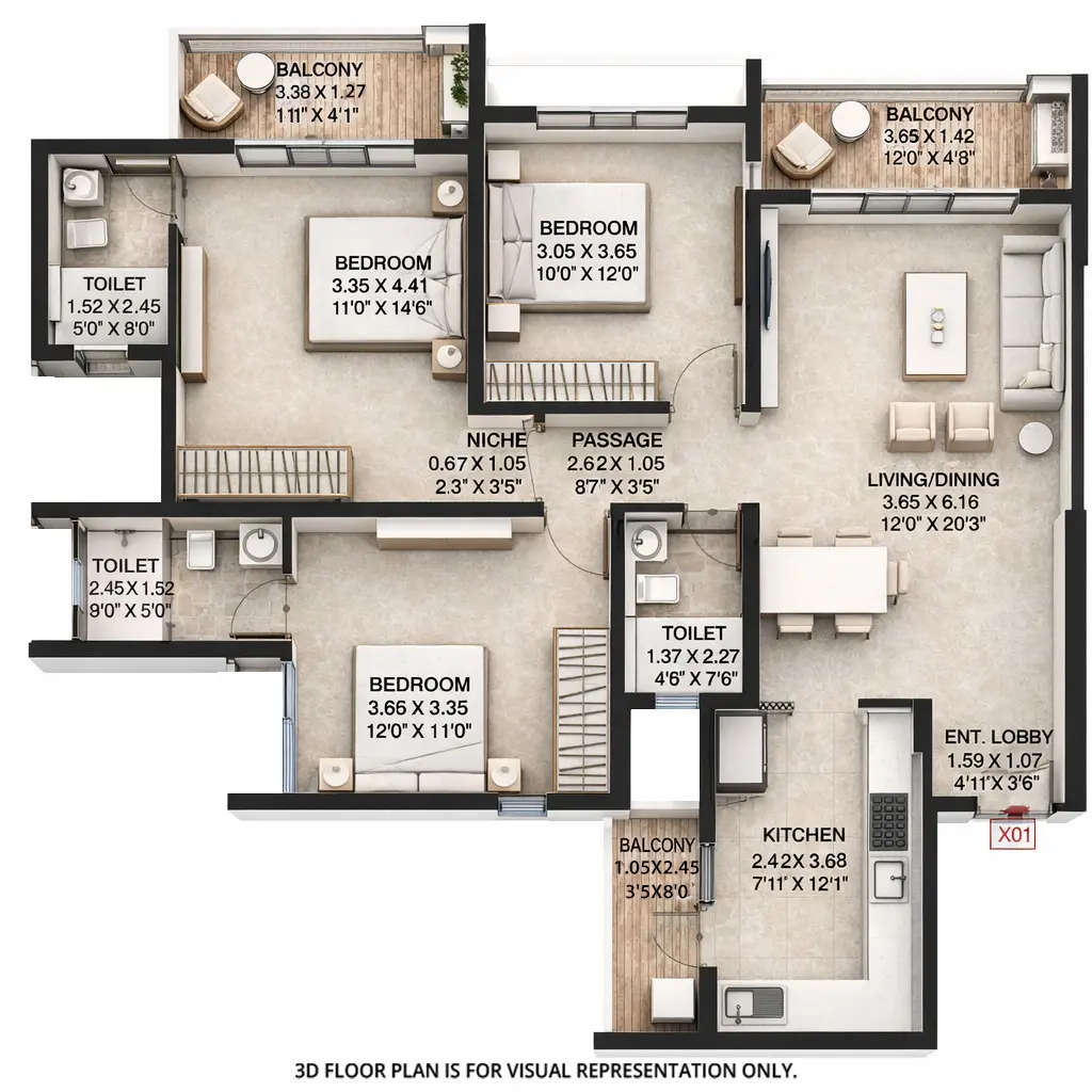 Floor plan for 3 BHK