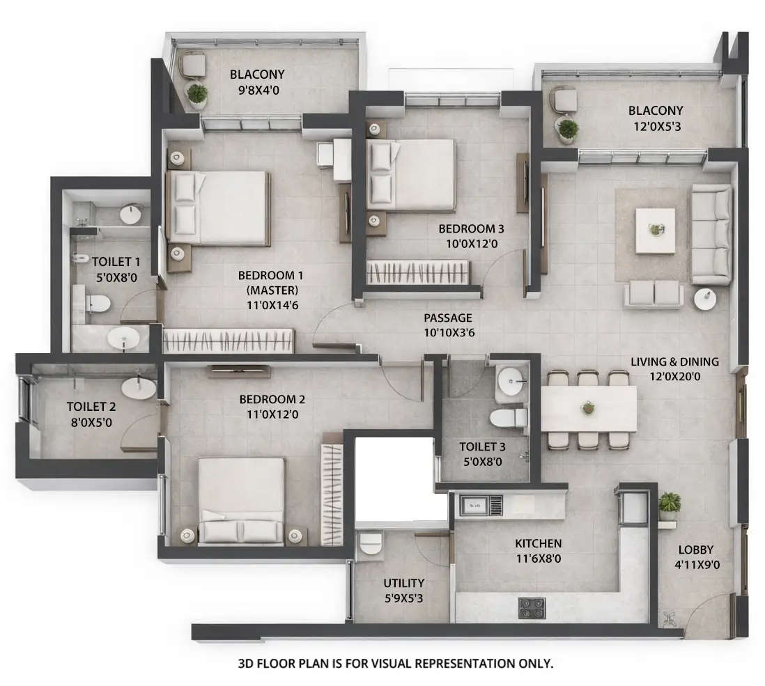 Floor plan for 3 BHK