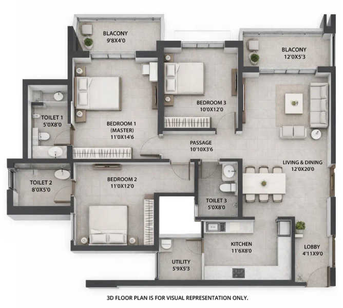 Godrej Greenfront Hinjewadi - Floor plan 3 BHK 1201 Sq.ft