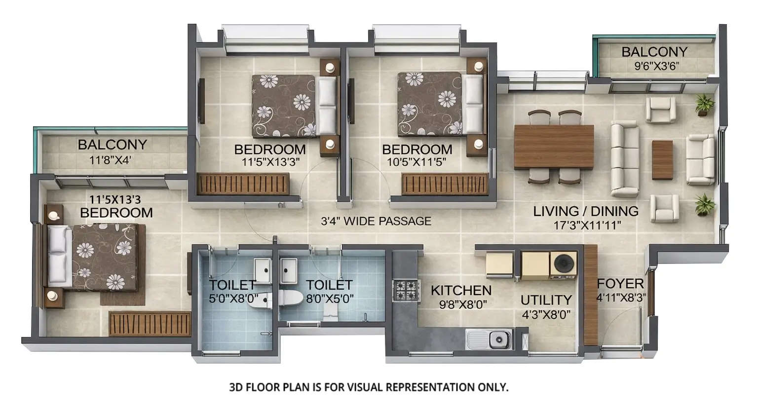 Floor plan for 3 BHK