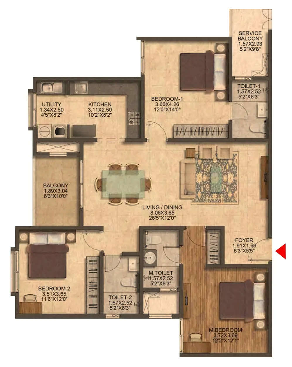 Floor plan for 3 BHK