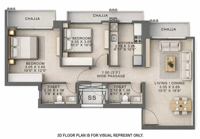 Wadhwa Atmosphere O2 Mulund - Floor plan 2 BHK 634 Sq.ft