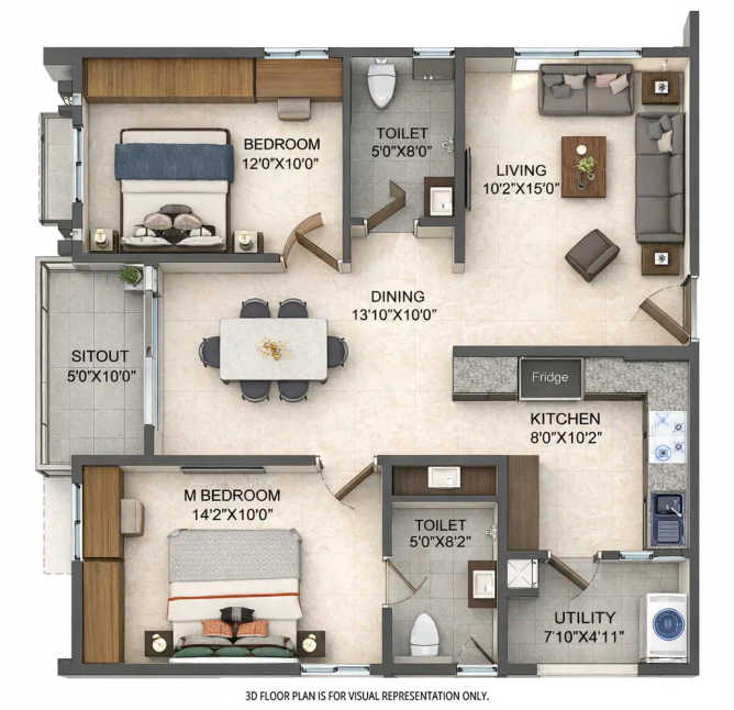 Pavani Mirabilia Krishnarajapura - Floor plan 2 BHK 1230 Sq.ft