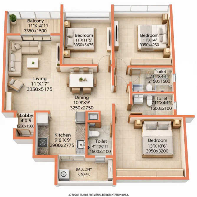 Pristine O2 World Kharadi - Floor plan 3 BHK 1103 Sq.ft