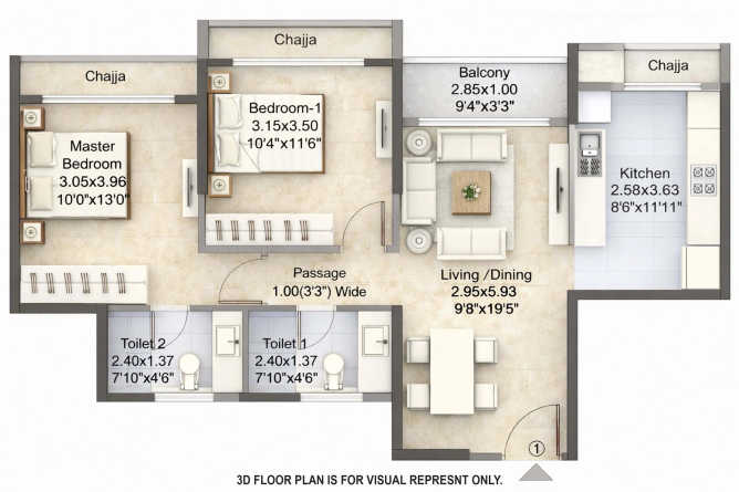 Runwal Sanctuary Mulund - Floor plan 2 BHK 690 Sq.ft