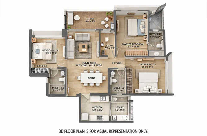 Lodha Solitaire Mahalaxmi - Floor plan 3 BHK 1206 Sq.ft