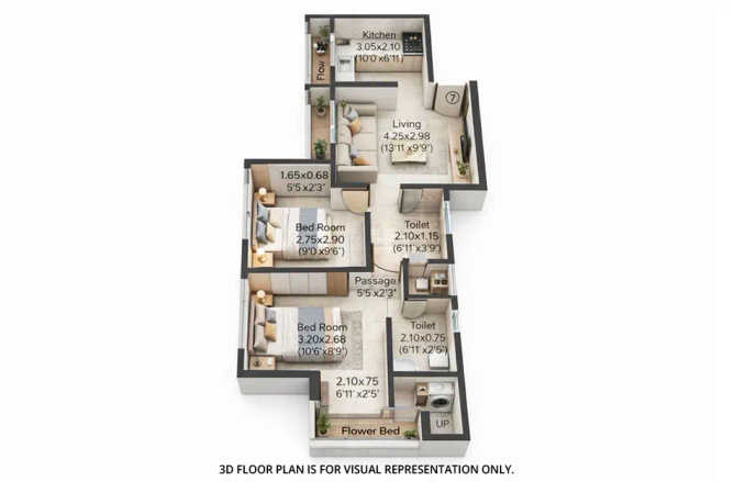 Raunak Residency Pokhran Road 1 - Floor plan 2 BHK 532 Sq.ft