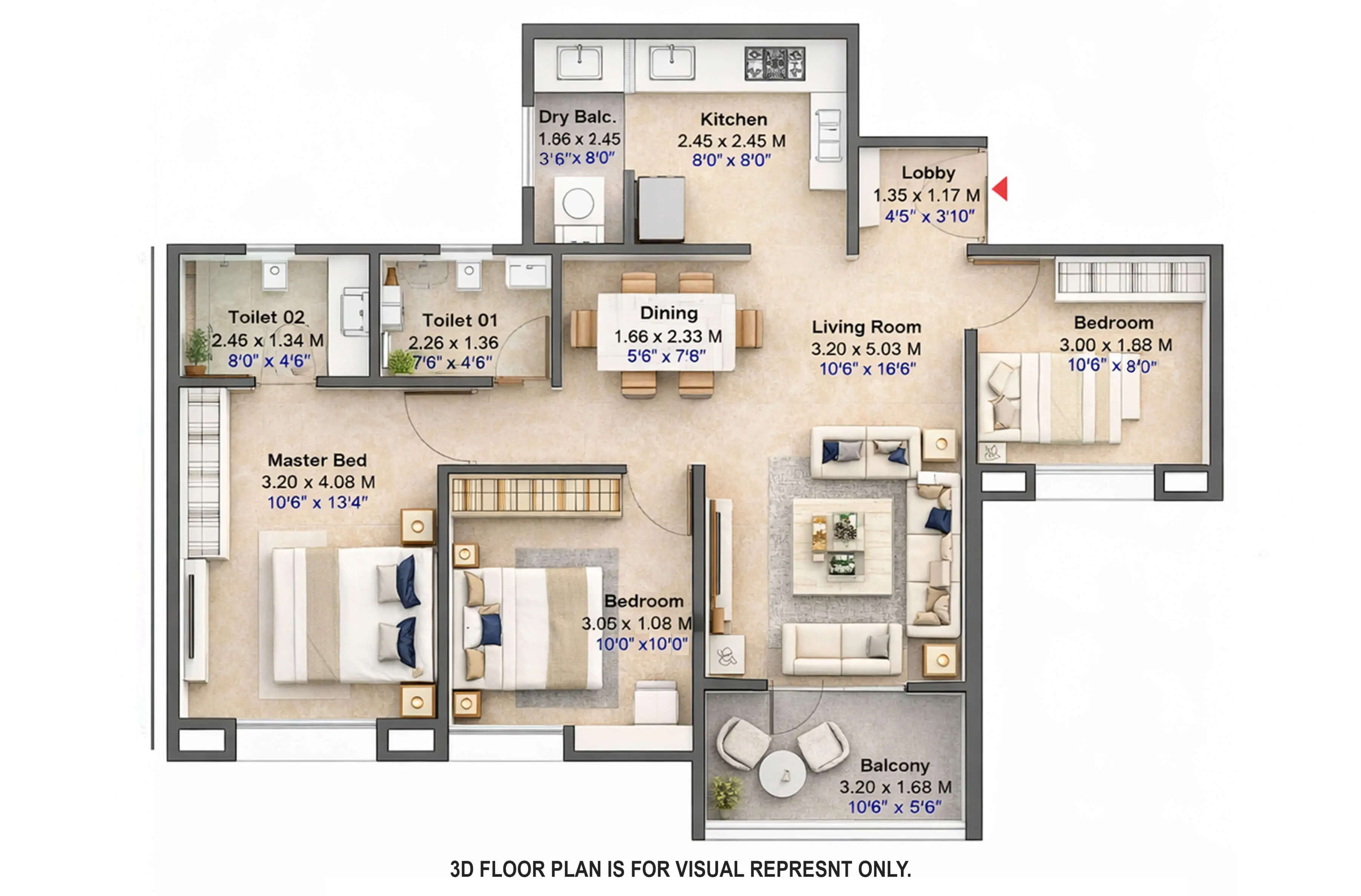 Floor plan for 3 BHK