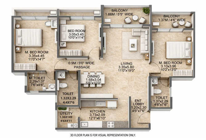Dosti Greenscape Hadapsar - Floor plan 3 BHK 1082 Sq.ft