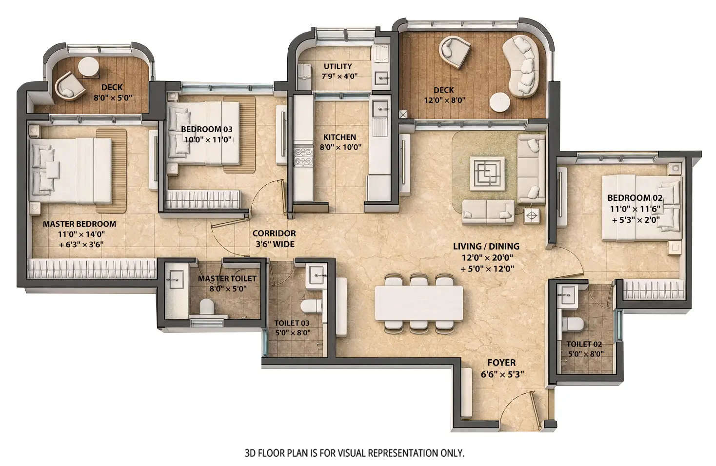 Floor plan for 3 BHK