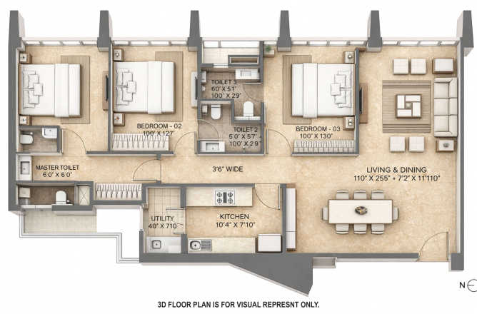 Lodha Adrina Worli - Floor plan 3 BHK 1136 Sq.ft