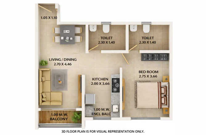 Dosti Nest Balkum - Floor plan 1 BHK 458 Sq.ft