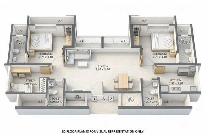 Raunak Serene Pokhran Road 1 - Floor plan 2.5 BHK 743 Sq.ft