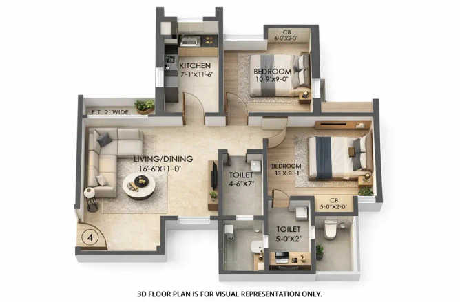 Raymond TenX Habitat Pokhran Road 1 - Floor plan 2 BHK 635 Sq.ft