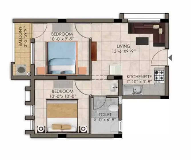 Appaswamy Trellis Vadapalani - Floor plan 2 BHK 663 Sq.ft