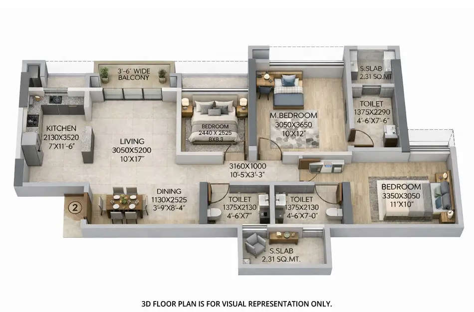 Floor plan for 3 BHK