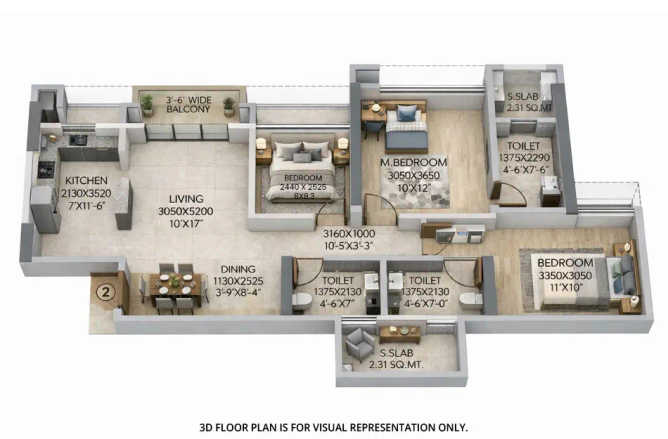Raymond Ten X Era Pokhran Road 1 - Floor plan 3 BHK 814 Sq.ft