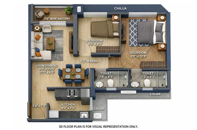 Runwal Enchanted Kolshet - Floor plan 2 BHK 603 Sq.ft